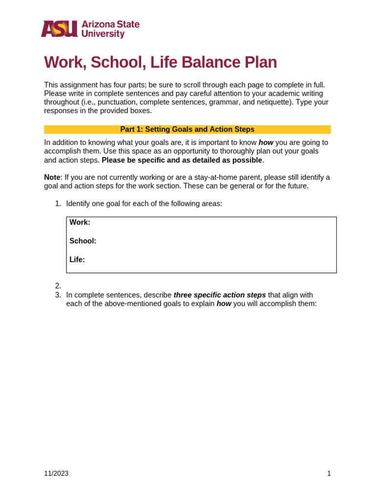 Work, School, Life Balance Plan (11.2023) | PDF