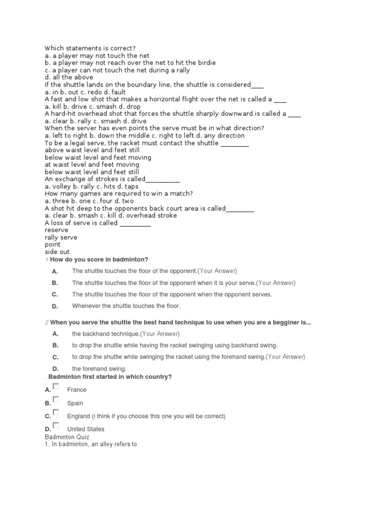 Badminton Quiz Sports Ball Games