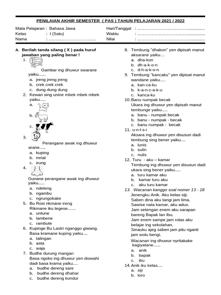 Persiapan Optimal: Download Soal PAS Bahasa Jawa Kelas 1 dan Strategi Belajar Efektif