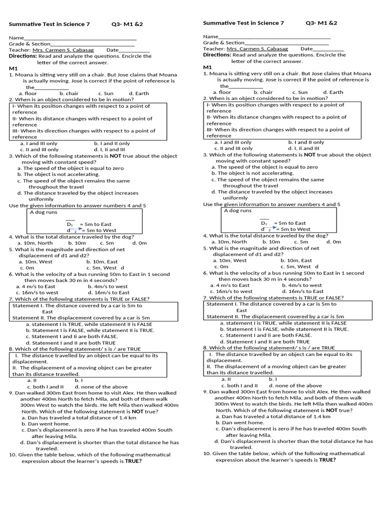 Summative Test in Science 7 Q3 | PDF | Speed | Acceleration