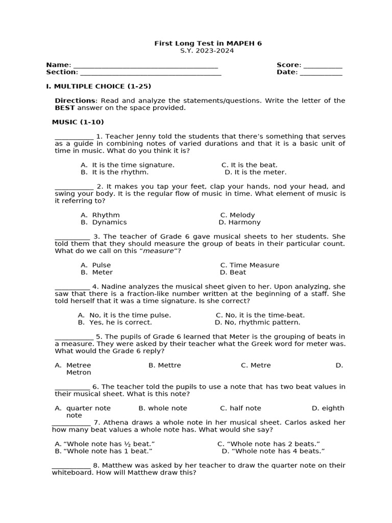 MAPEH 6 First Long Test 2023-2024 | PDF | Rhythm | Logos
