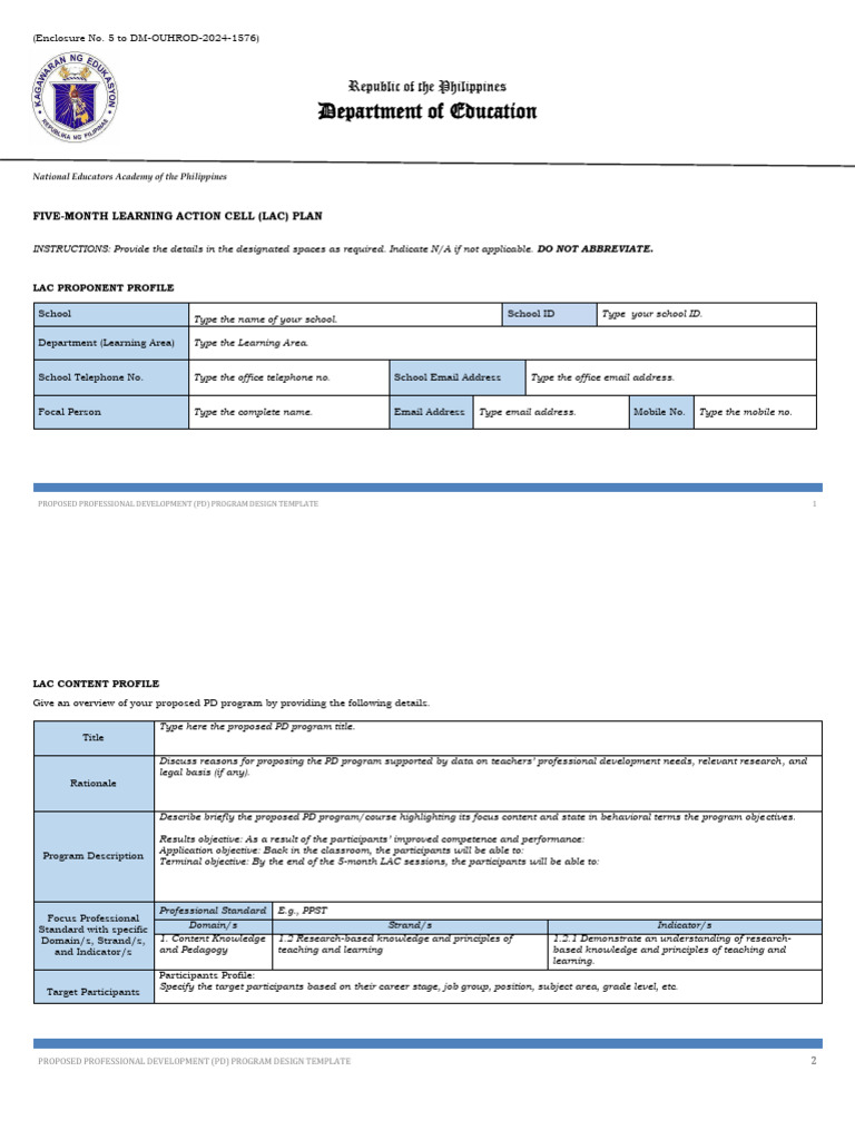 Five-Month LAC Plan Template | PDF | Learning | Knowledge