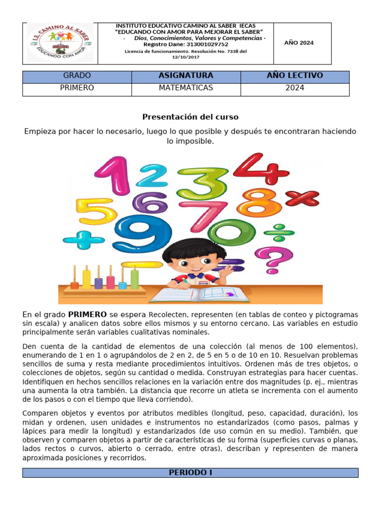 Matemáticas Primer Grado 2024: Plan de Estudio | PDF | Sustracción ...