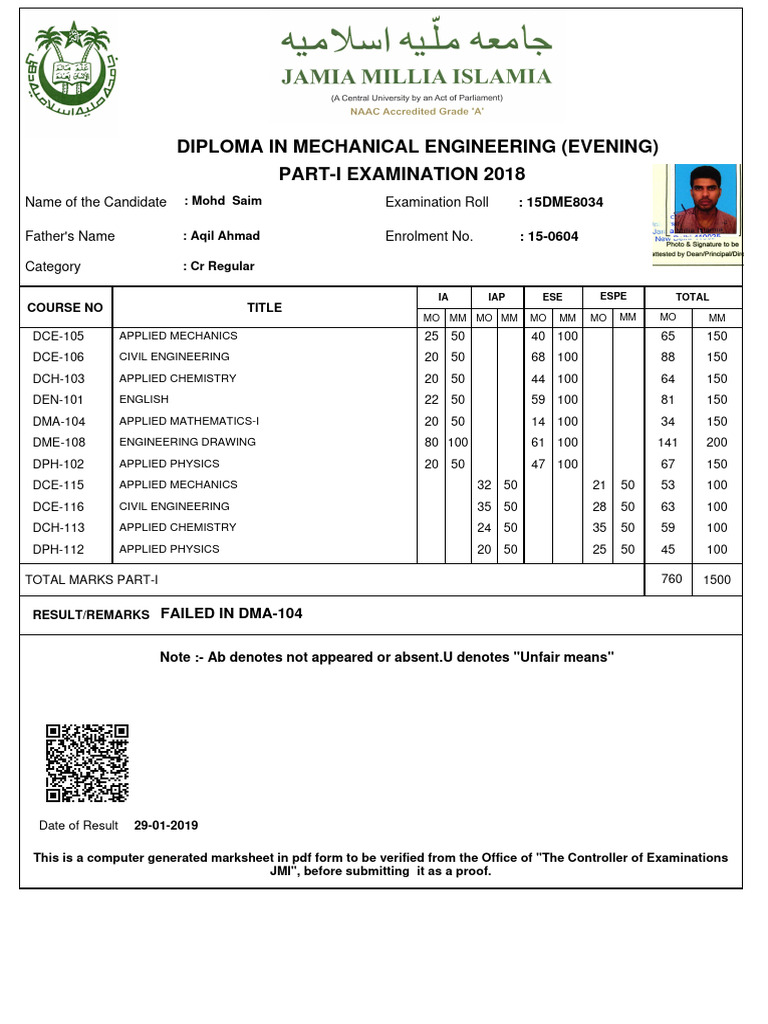 DCH113 Mechanical Engineering Marksheet | PDF