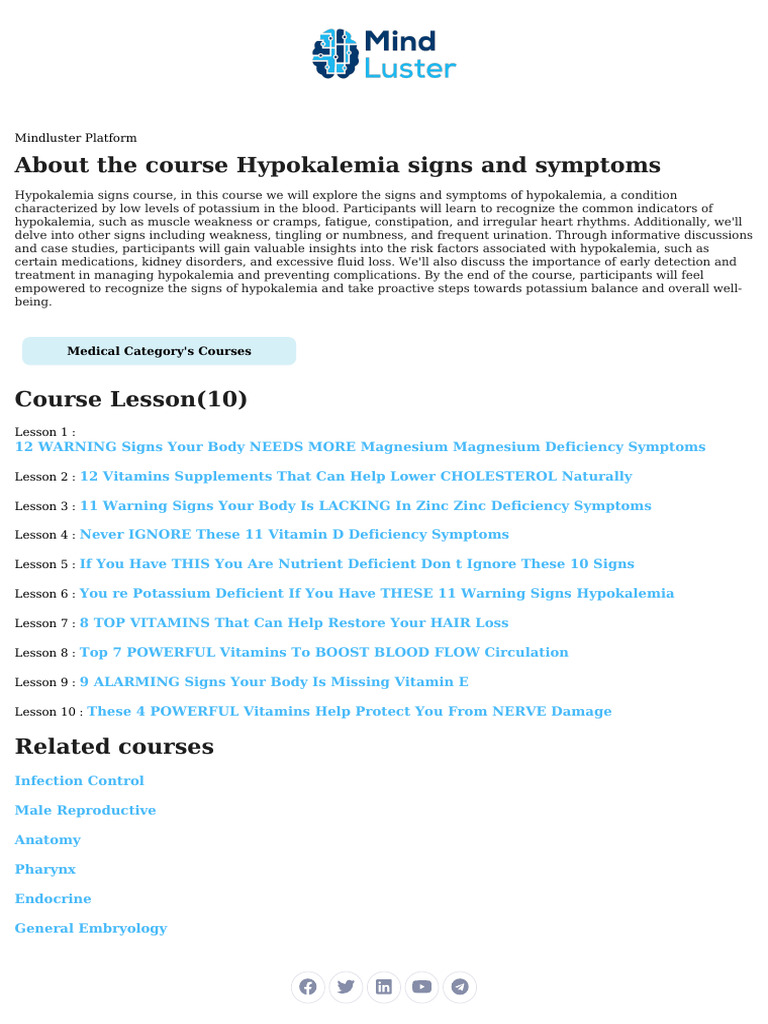 Hypokalemia Signs and Symptoms Course Content | PDF