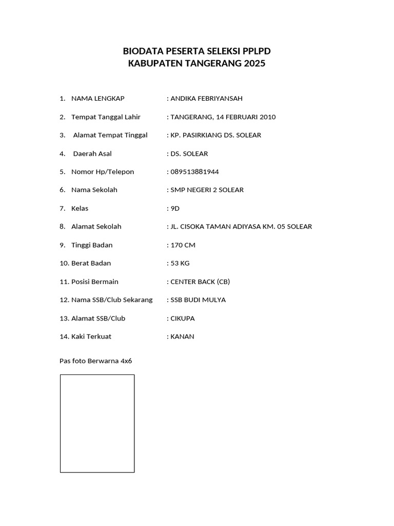 Biodata Peserta Seleksi PPLPD 2025 | PDF