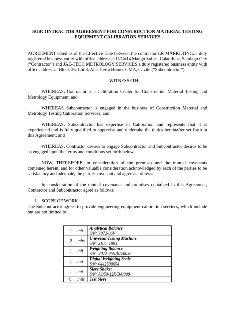 Subcontractor Agreement for Calibration Services | PDF | General ...