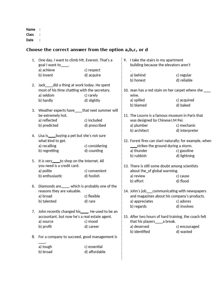 Vocabulary Quiz: Multiple Choice Answers | PDF