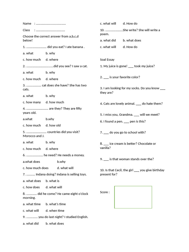 Question Words Practice Exercise | PDF