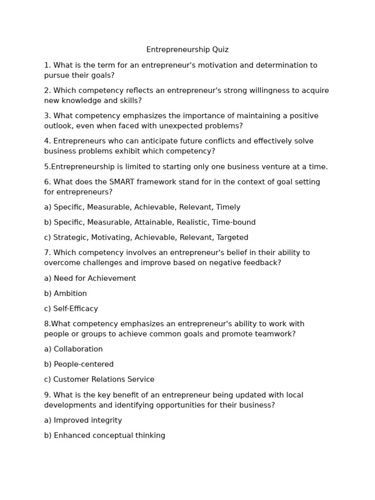 Entrepreneurship Quiz | PDF
