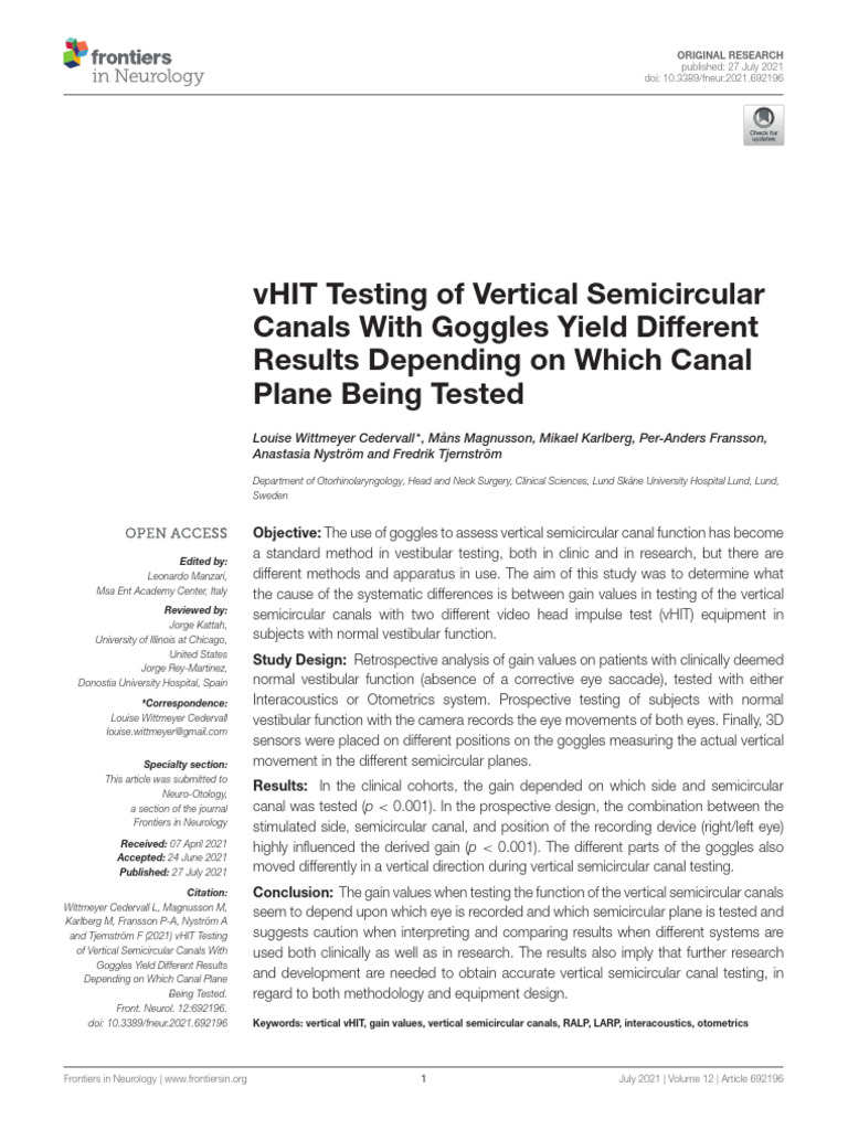 vHIT Testing of Vertical Semicircular Canals With | PDF | Vestibular System