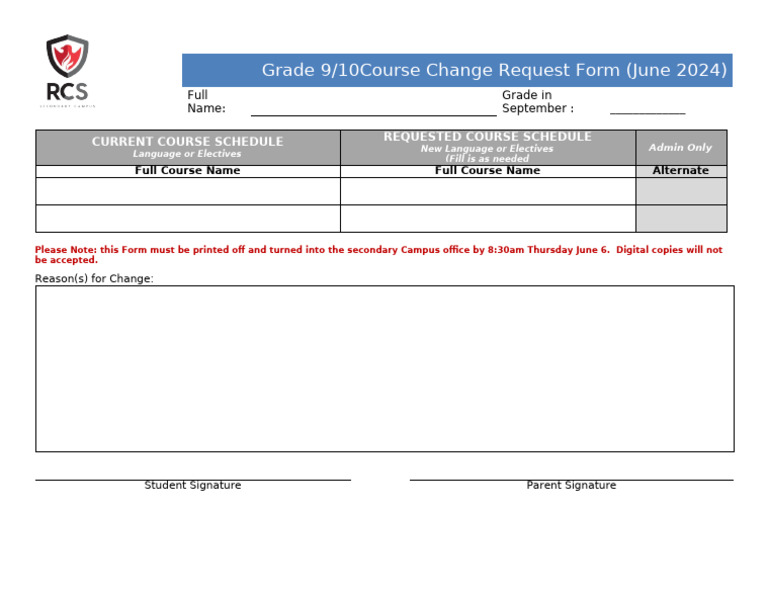 Course Change Form -June 2024 - Grade 9_10 | PDF