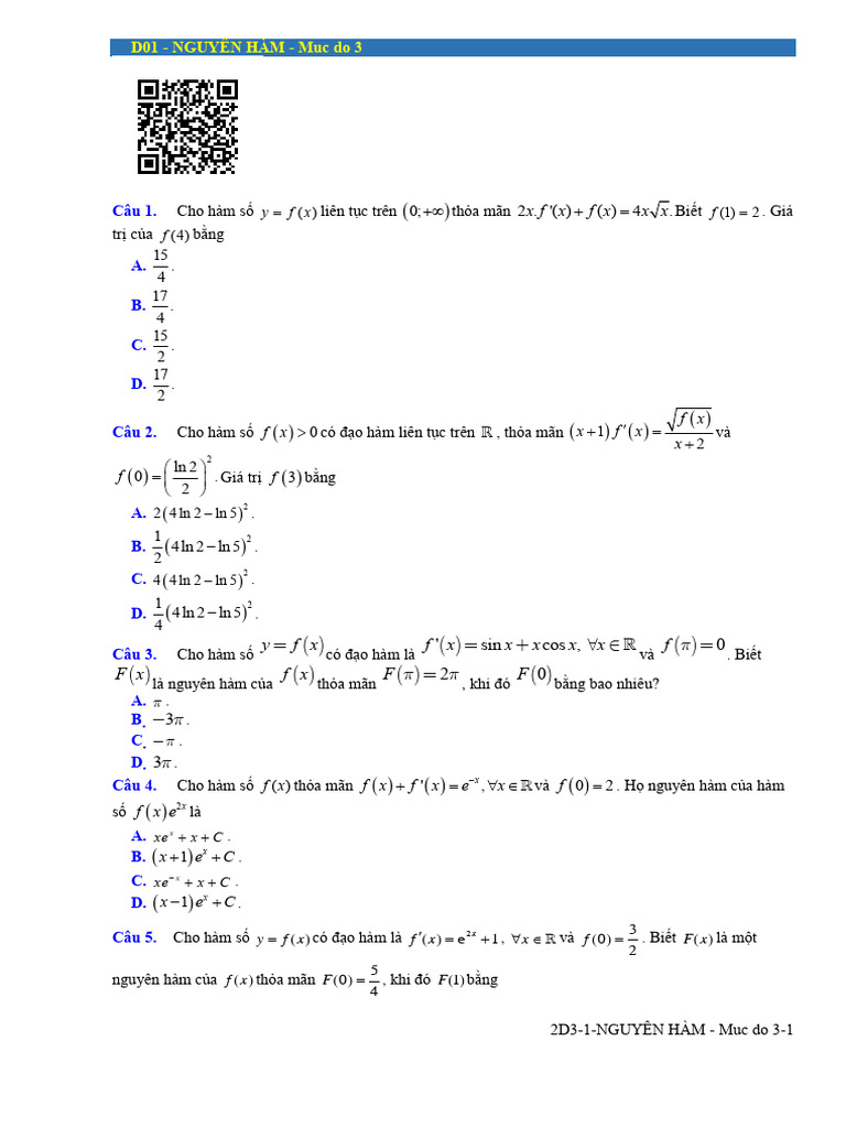 021 - 2D3 - 1 - NGUYÊN HÀM - Muc Do 3 | PDF