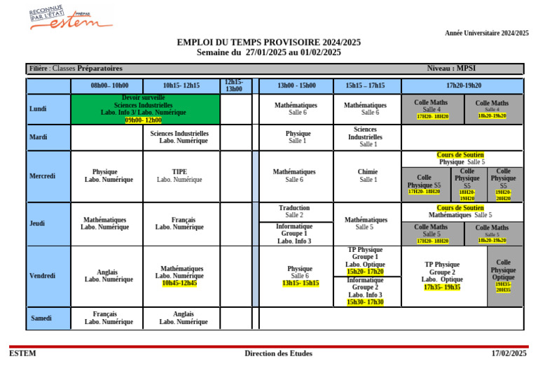 Emploi du temps MPSI 2024/2025 PDF Science Sciences physiques — free download