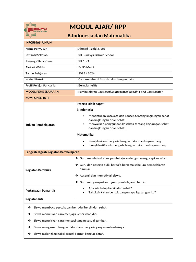 RPP B.Indonesia dan Matematika SD II/A | PDF