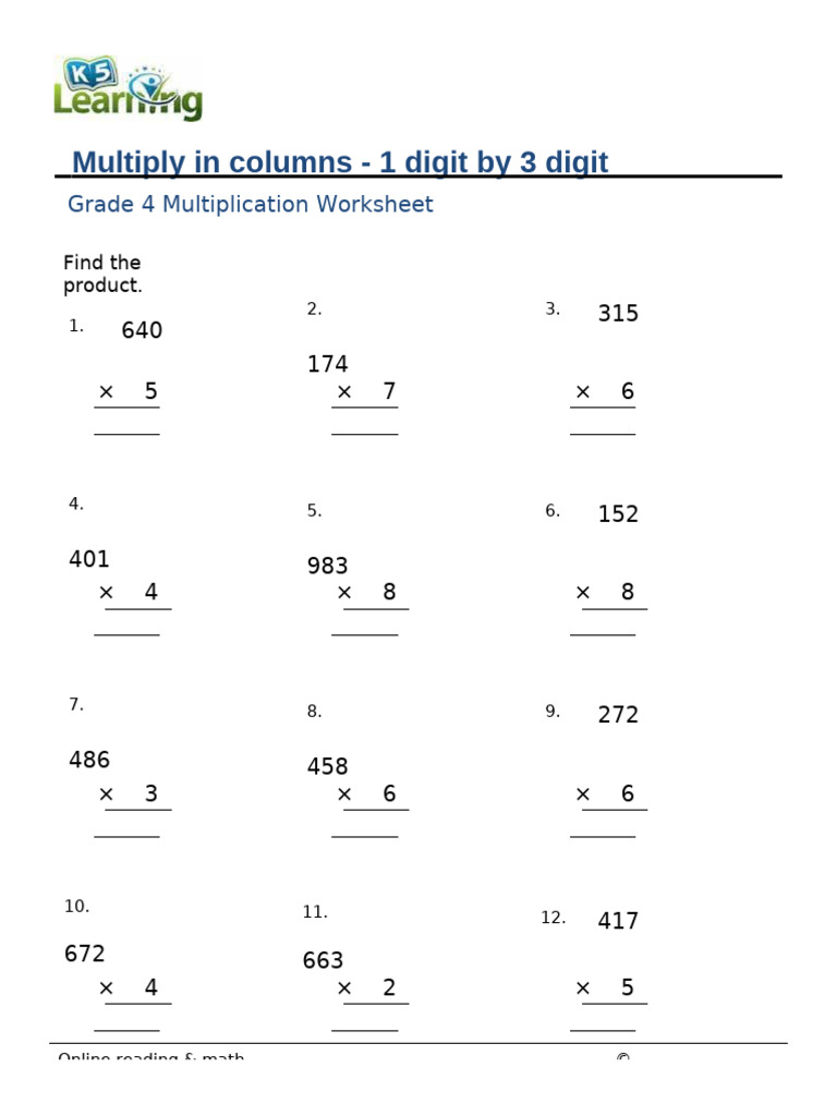 Grade 4 Multiply Columns 1 Digit 3 Digit B | PDF
