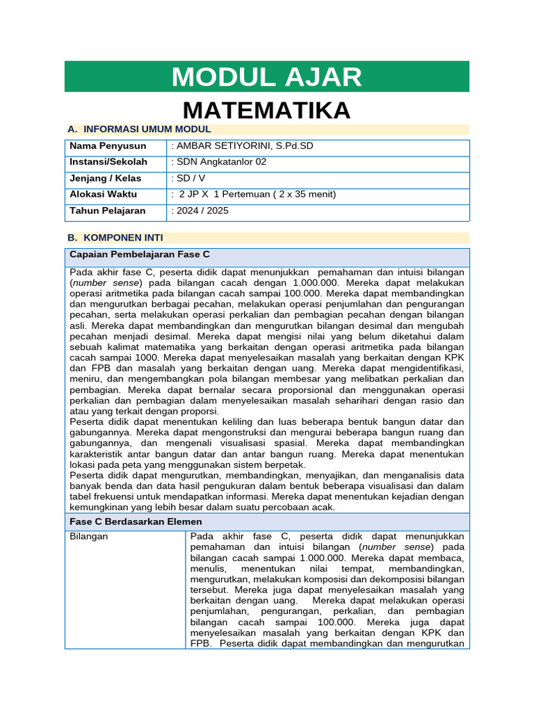 Modul Ajar Matematika Kelas V SD | PDF