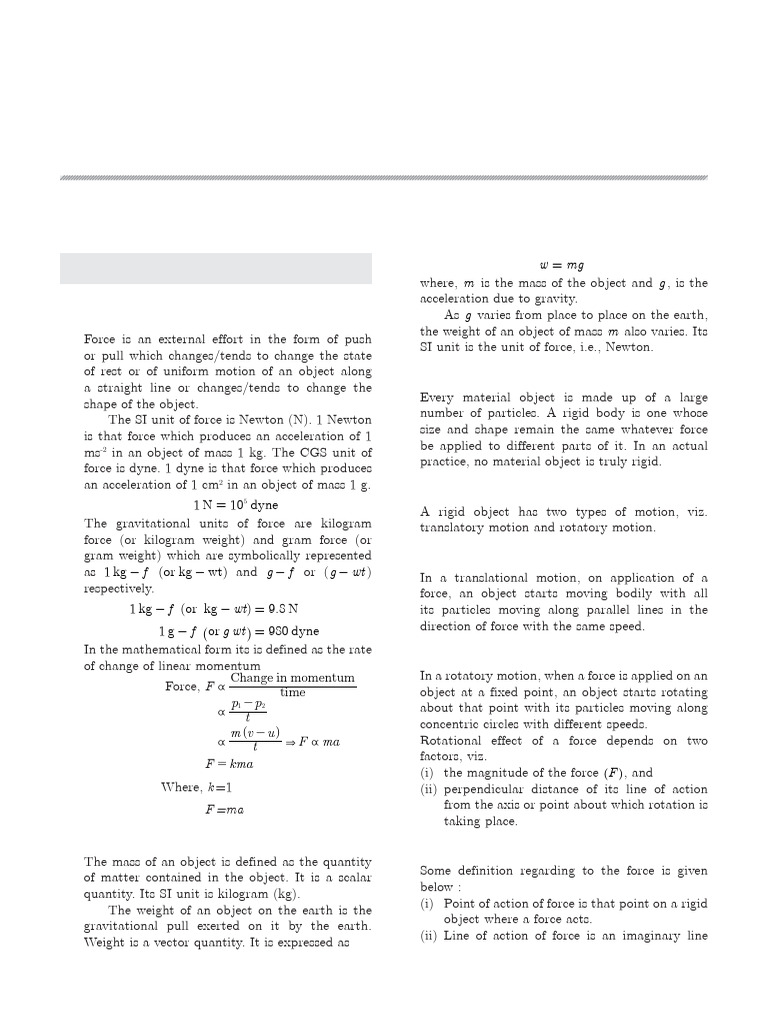 Class 10 Physics: Force and Motion Concepts | PDF | Force | Torque