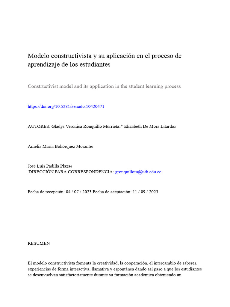 Modelo constructivista y su aplicación en el proceso de aprendizaje de ...