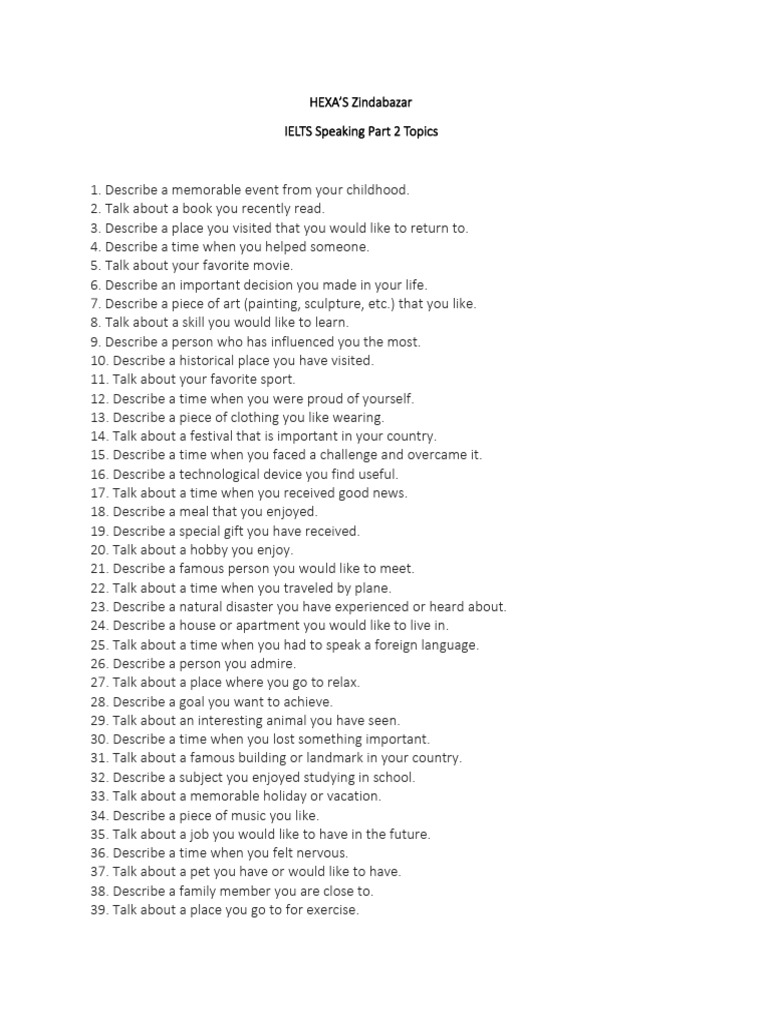 IELTS Speaking Part 2 Topics List | PDF