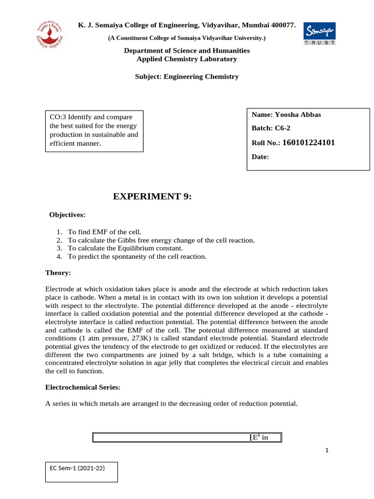 Expt. 7 - Emf | PDF | Redox | Electrode