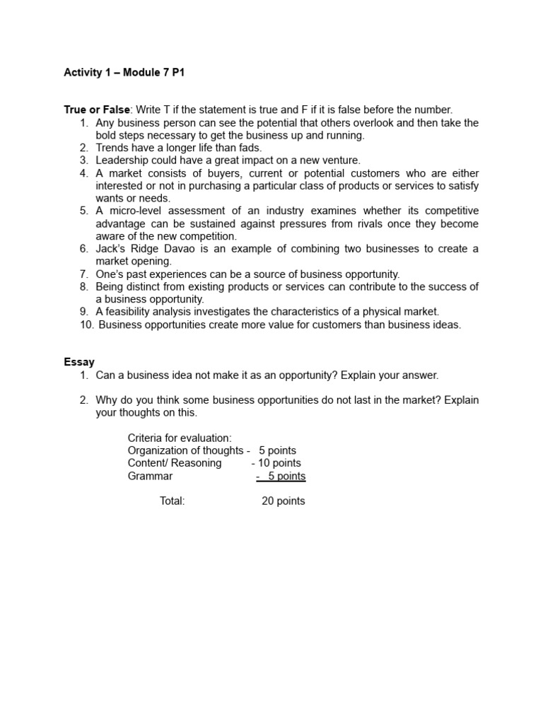 True or False Business Opportunity Quiz | PDF
