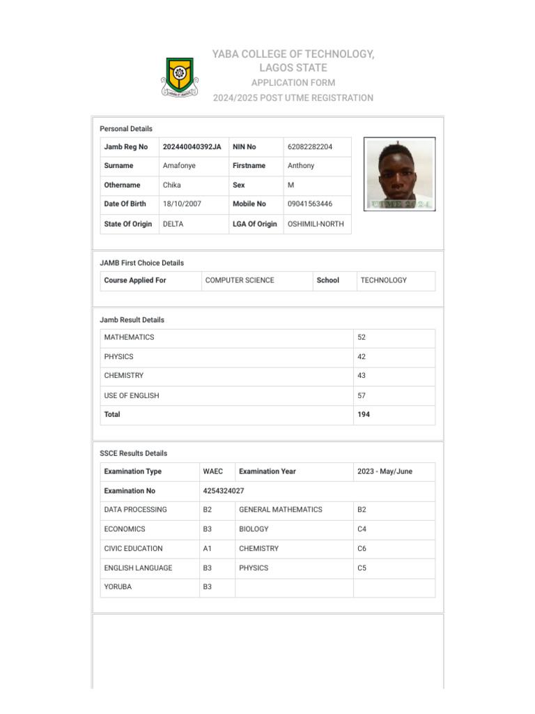 Yaba College 2024/2025 Post UTME Form | PDF