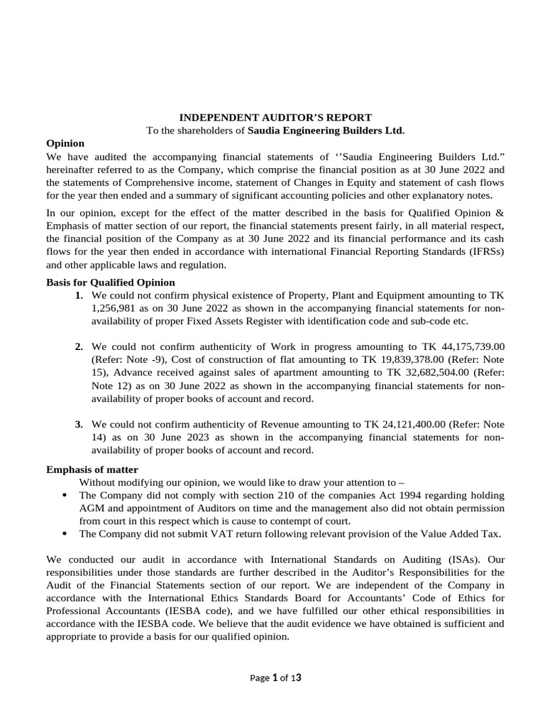 Auditor's Report for Saudia Engineering Ltd. | PDF | Audit | Going Concern