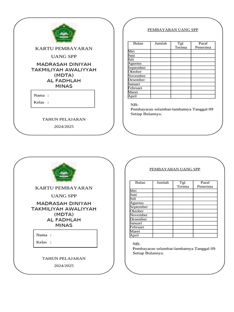 Kartu Pembayaran SPP Madrasah Diniyah | PDF