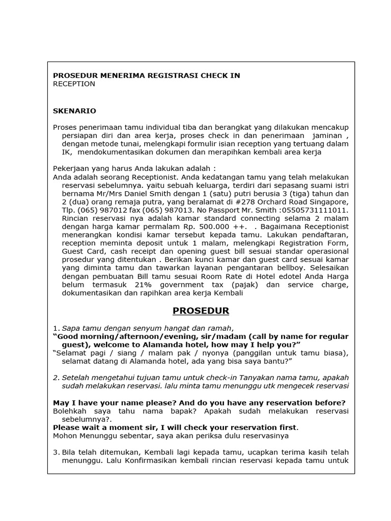Prosedur Check-In Tamu Hotel Alamanda | PDF