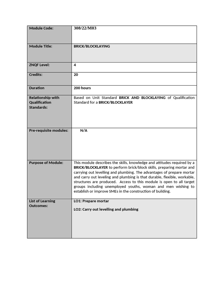 Brick and Blocklaying Skills Module | PDF | Mortar (Masonry) | Brick