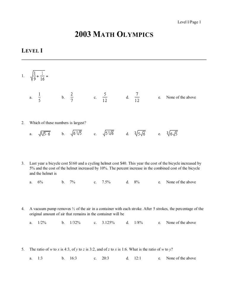 2003 Math Olympics Level I Questions | PDF | Elementary Mathematics ...