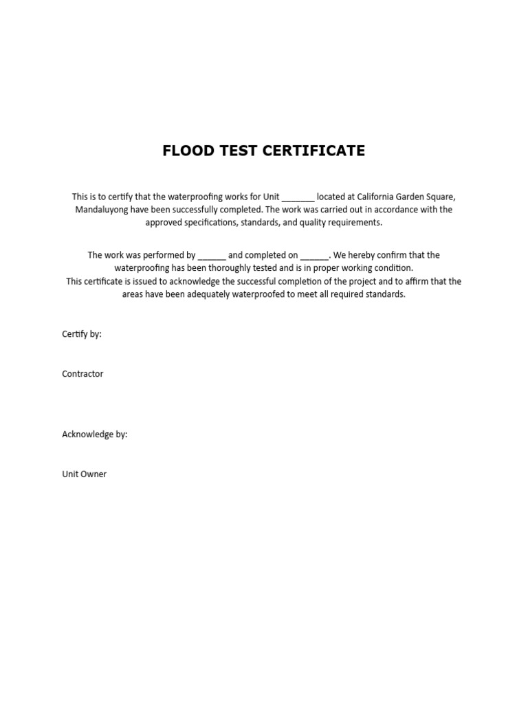 Flood Test Certificate for Waterproofing | PDF