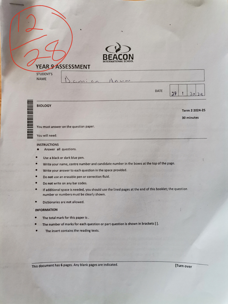 Damian Anum Term 2 Assessment 1 Biology | PDF