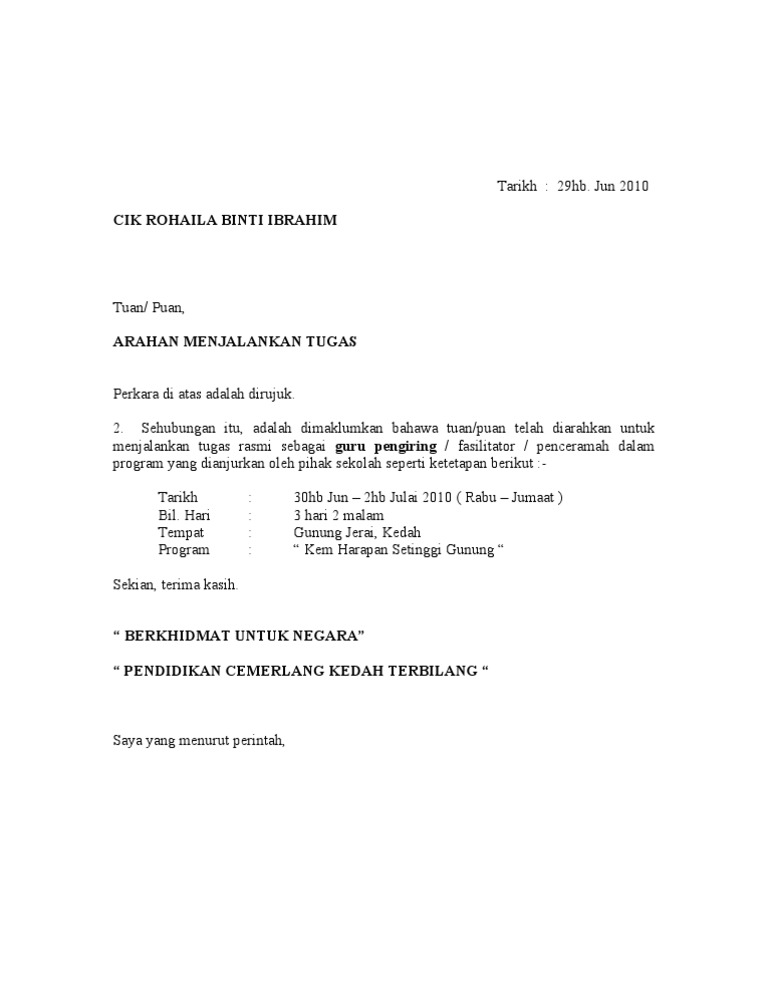 Contoh Surat Arahan Menjalankan Tugas Ketiadaaan Guru Besar Di Sekolah