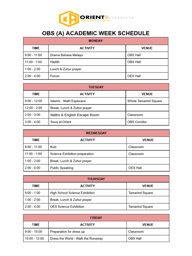 Obs (A) Academic Week Schedule | PDF