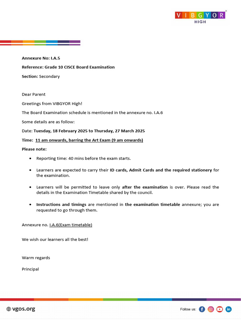Annexure I A 5 VH Grade 10 Board Examination | PDF