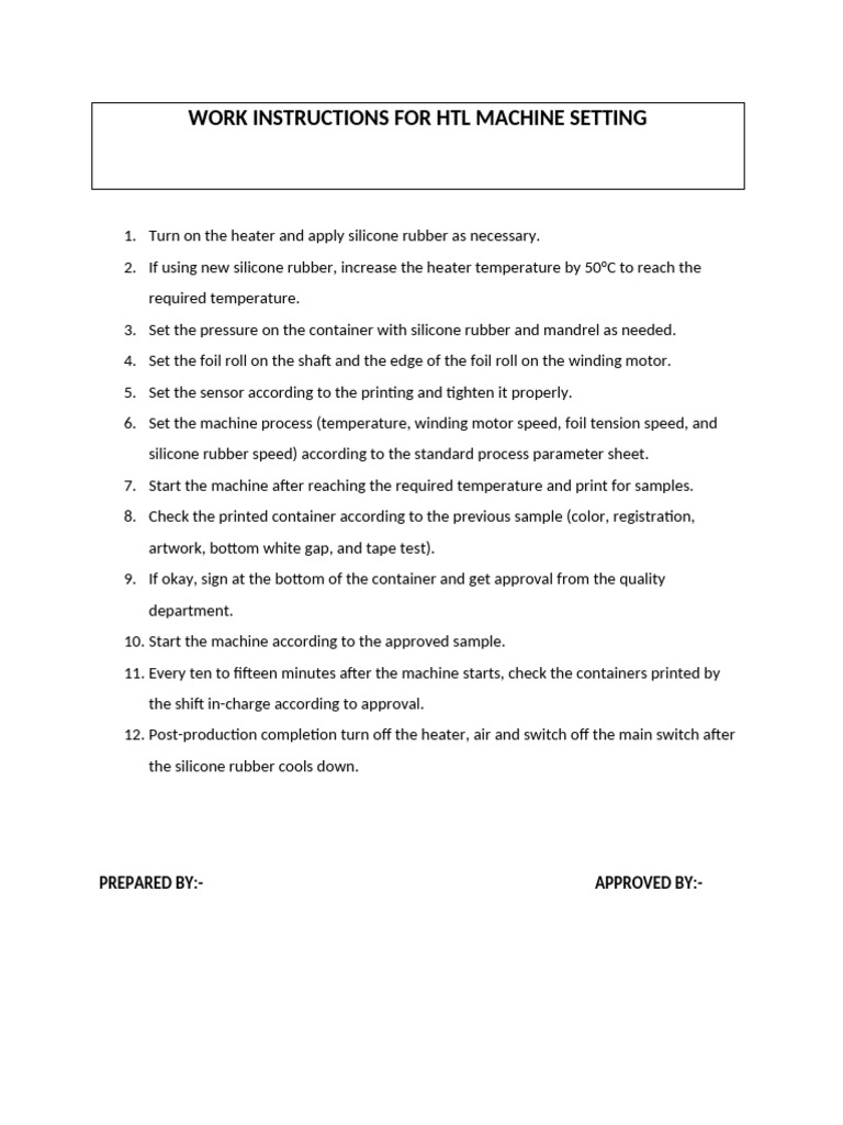 HTL Machine Setting Instructions | PDF