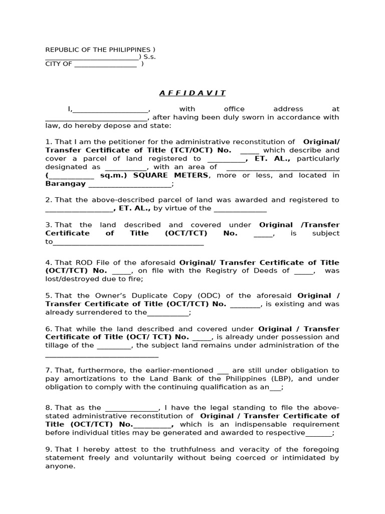 Affidavit for Land Title Reconstitution | PDF | Affidavit | Common Law