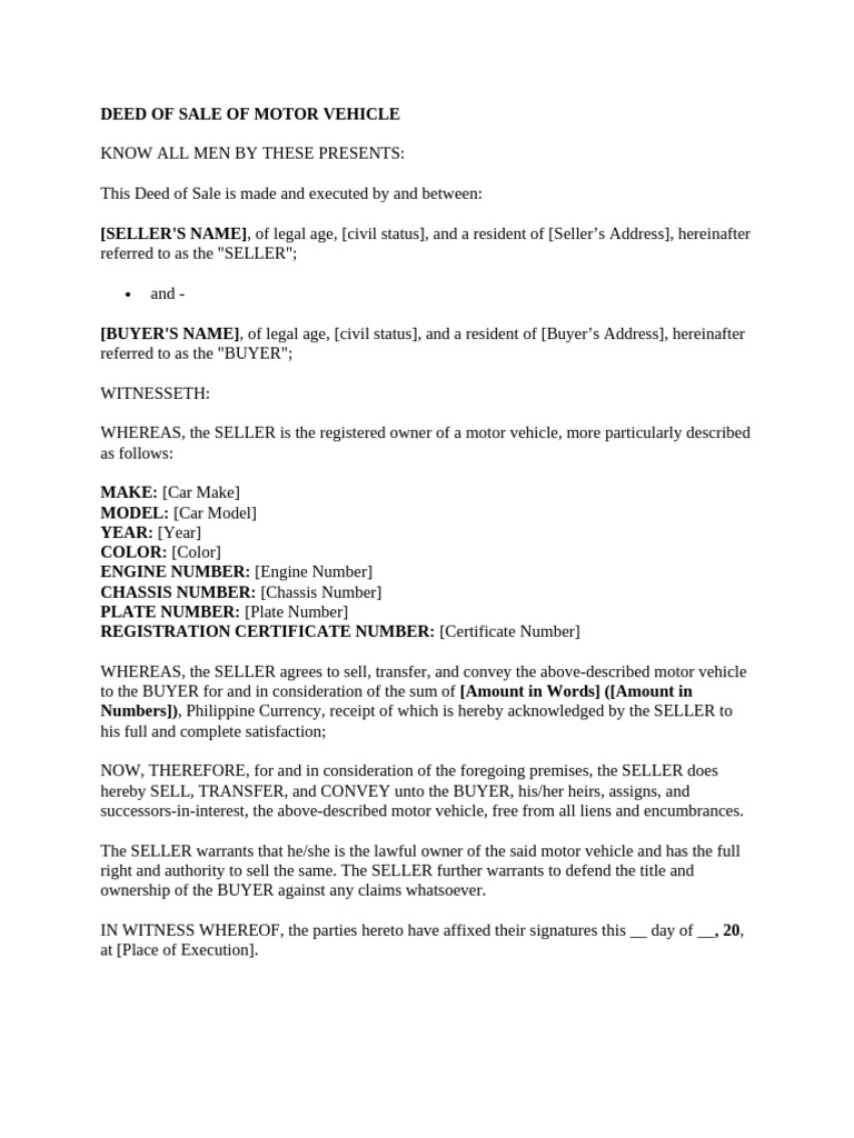 Deed of Sale of Motor Vehicle | PDF | Deed | Common Law