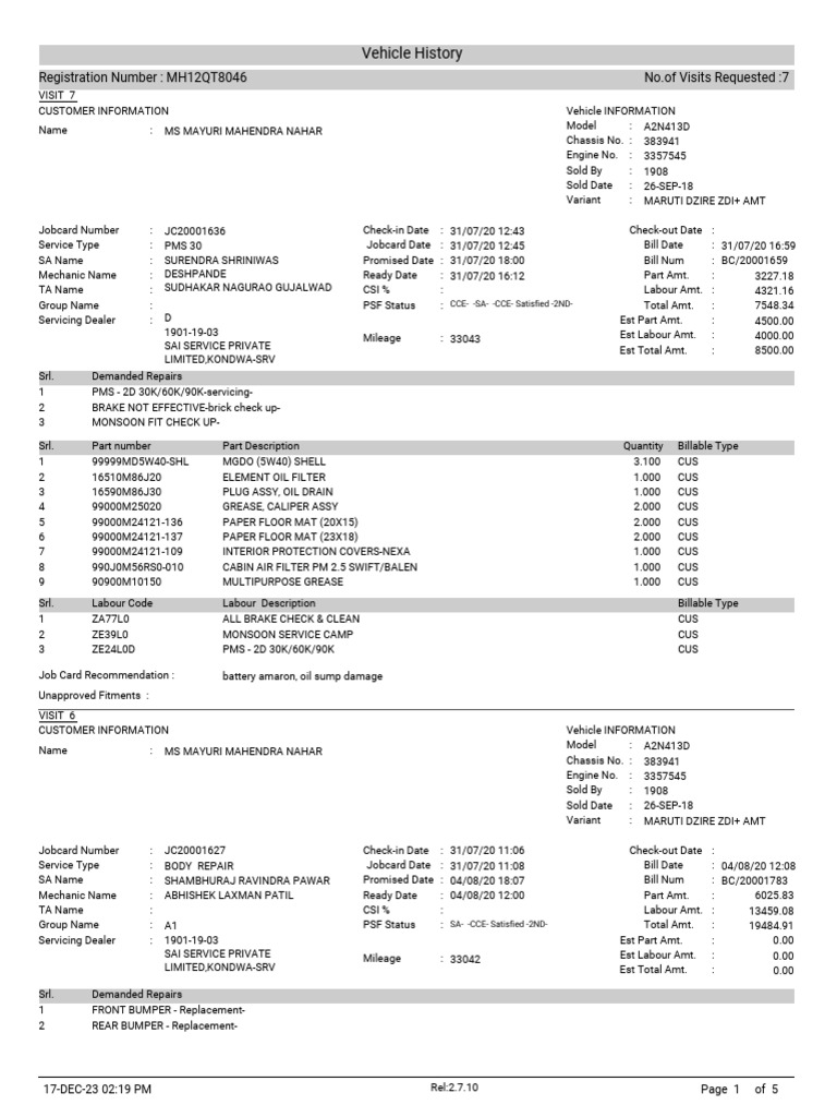 Maruti Suzuki Vehicle Service History | PDF | Transportation ...
