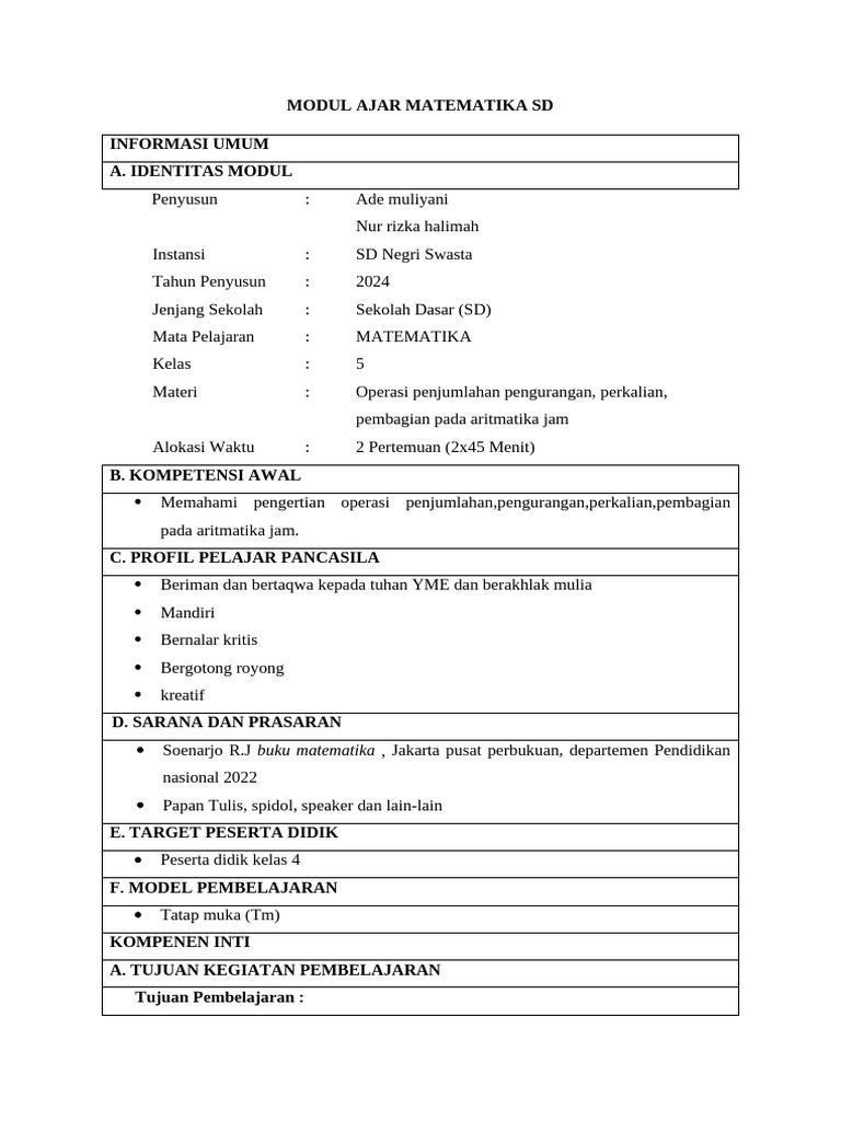 Modul Ajar Matematika Kelas 5 SD | PDF