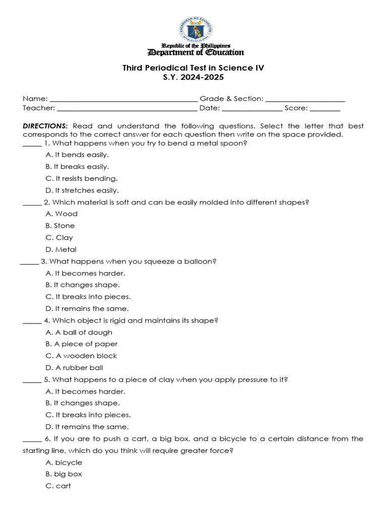 Science IV Periodical Test Guide | PDF | Speed | Magnet