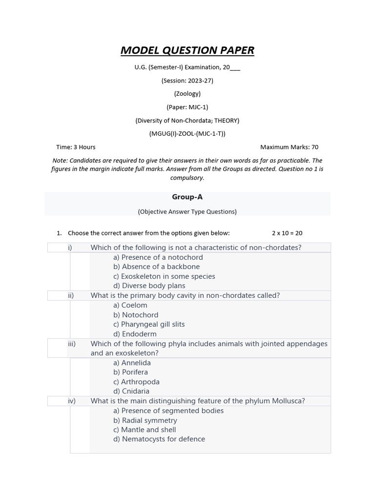 Zoology Model Question Paper: Non-Chordata | PDF | Invertebrate | Zoology