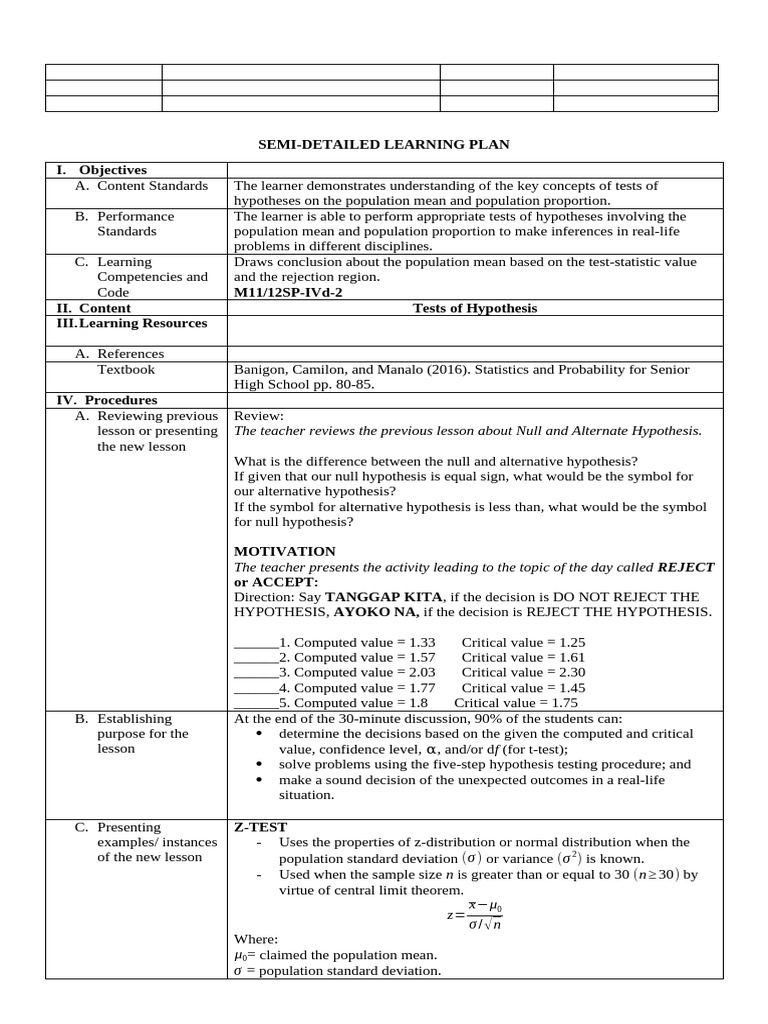 Hypothesis Testing Learning Plan | PDF | Hypothesis | Null Hypothesis