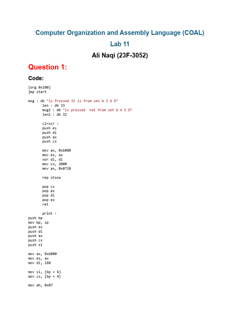Computer Organization and Assembly Language (COAL) Lab 11: Ali Naqi ...