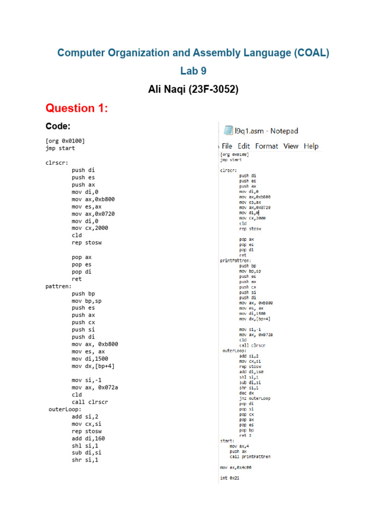 Computer Organization and Assembly Language (COAL) Lab 9: Ali Naqi (23F ...