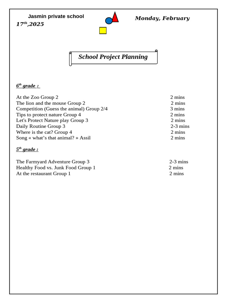 6th Grade School Project Schedule | PDF