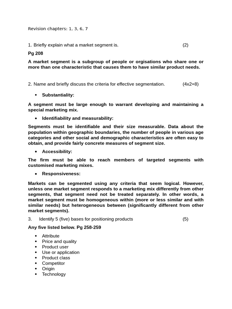 Revision Chapters 1, 3, 6, 7 | PDF | Market Segmentation | Marketing