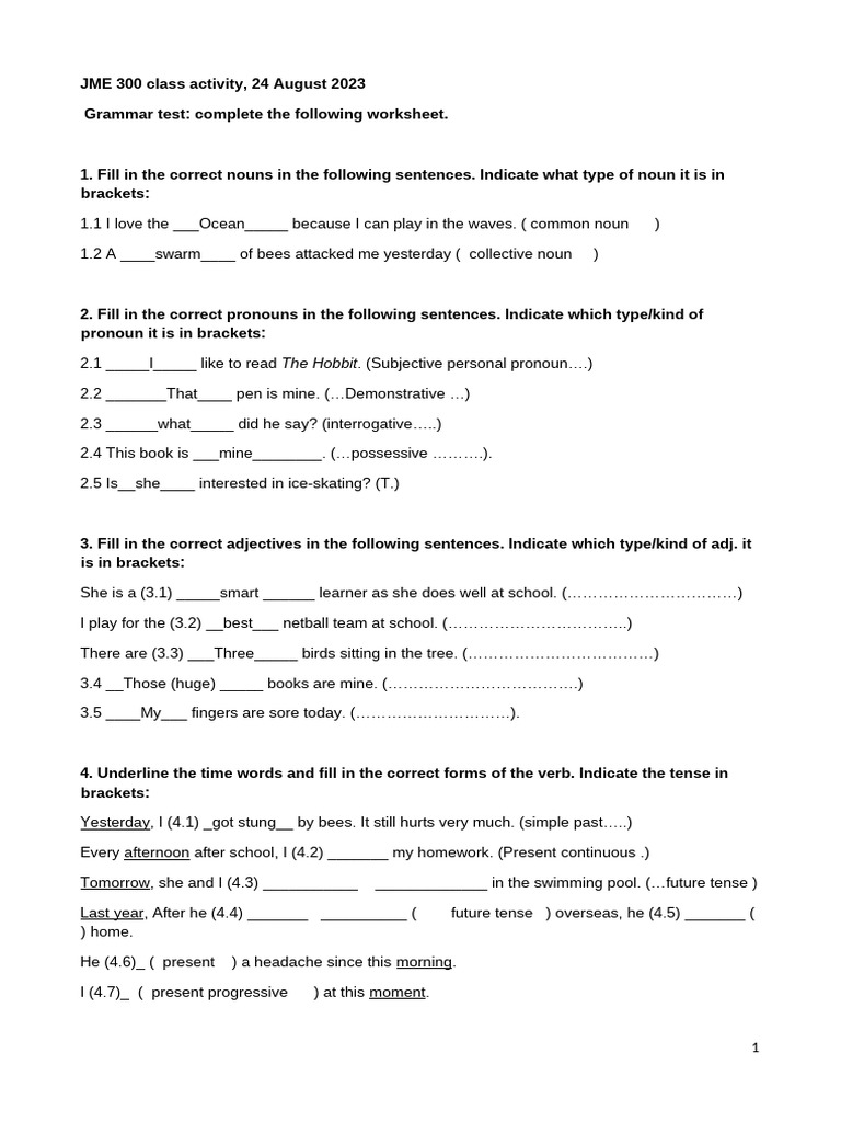 Grammar Worksheet for JME 300 Class | PDF | Verb | Pronoun